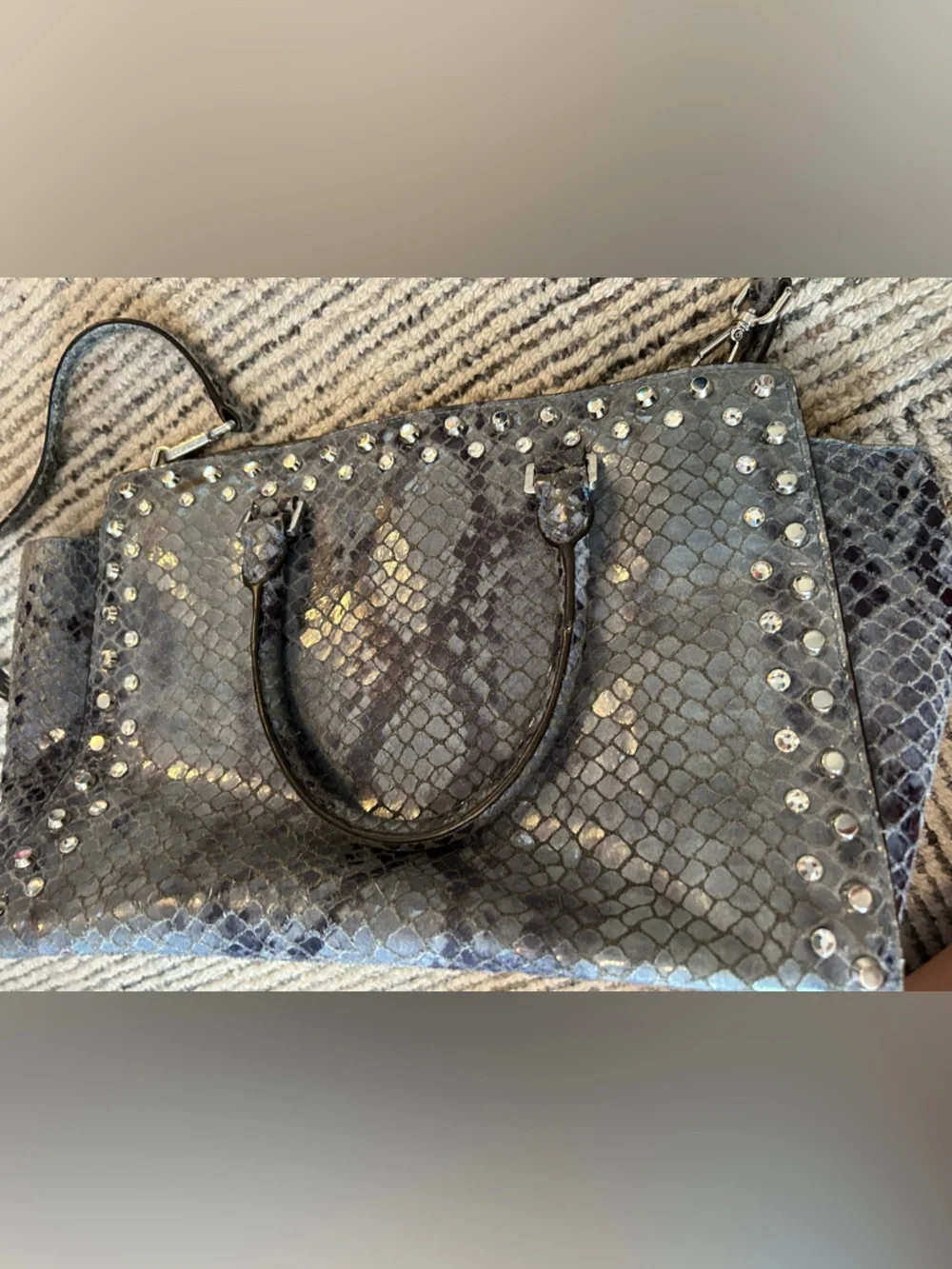 Michael Kors Snake-Embossed Studded Tote with Crossbody Strap Bag Purse Leather